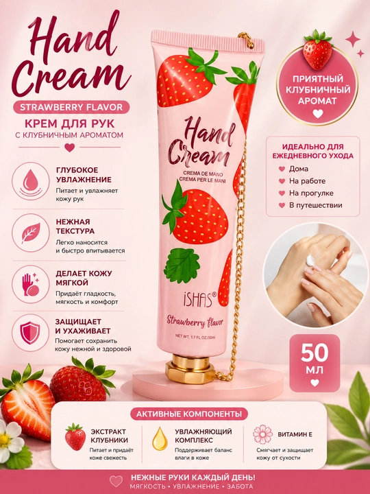Крем для рук iSHAS Strawberry Hand Cream 50 мл – увлажняющий, питательный, смягчающий - 