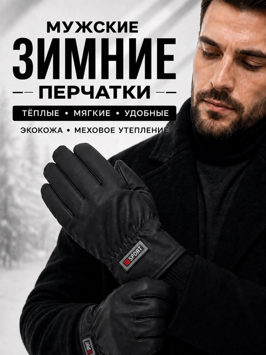 Мужские зимние перчатки, тёплые с мехом, из экокожи - 
