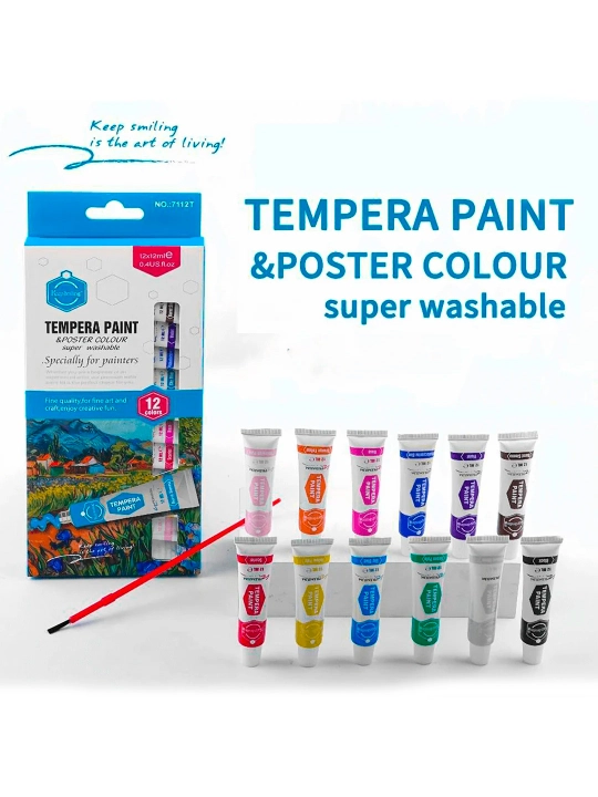 KEEP SMILING Tempera bo‘yoqlar to‘plami, 12 rang×12 ml, yuviladigan, rasm chizish va decor
