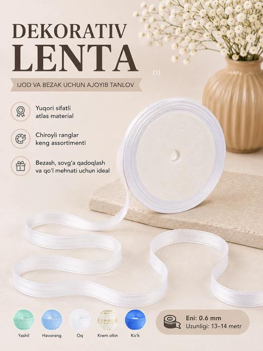 Atlas lenta, 7 mm — gul, quti va sovg‘a bezagi uchun - 
