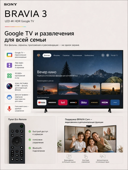 Умный телевизор Sony 43", 55", 65", 85", LCD 4K 50 ГЦ, SmartTV, GoogleTV, Wi-Fi, Bluetooth