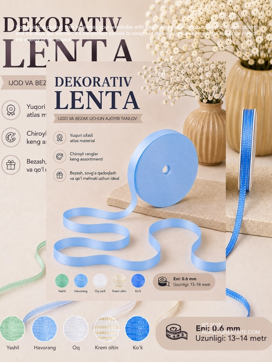 Atlas lenta, 7 mm — gul, quti va sovg‘a bezagi uchun - 