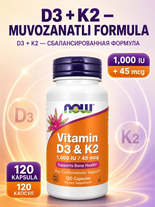 NOW FOODS, Vitamin D3 va K2, 1000 ME / 45 mkg, 120 kapsula - 