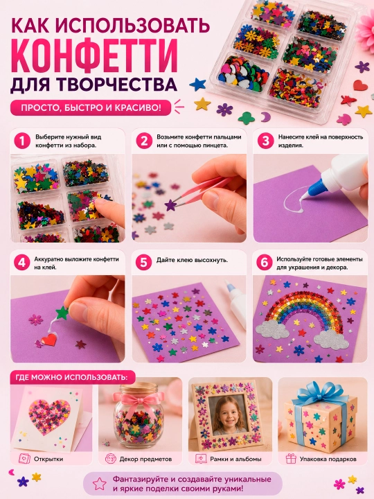 Confetti payetkalar, rang-barang dekorativ payetkalar to‘plamda 8, nano skotch va slaymga