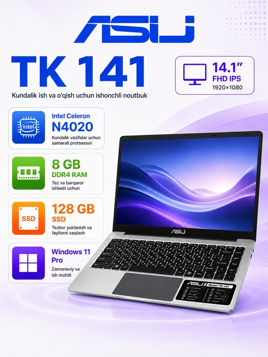 Noutbuk TK 141 ASIJ 14.1″ FHD IPS, Intel N4020, 8/128 GB SSD, Windows 11 Pro - 