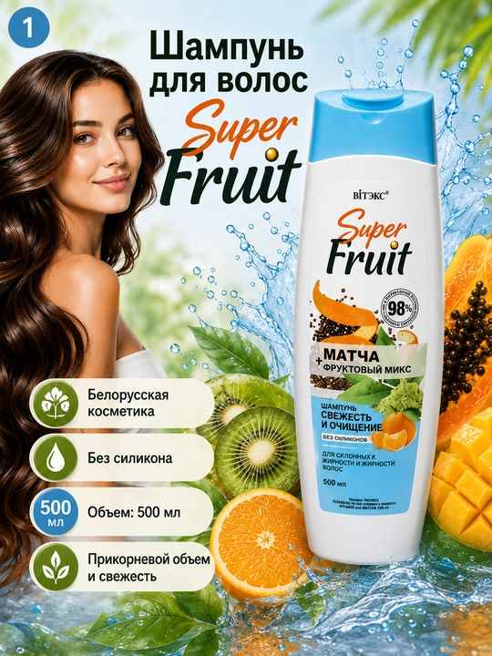 Шампунь для волос Super Fruit, без силикона, 500 мл - 