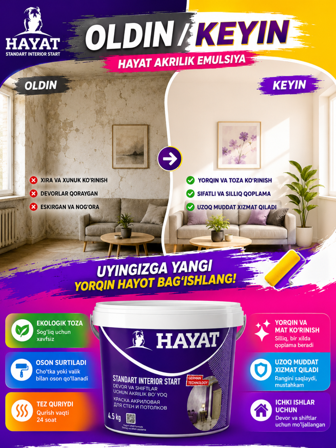 HAYAT STANDART INTERIOR START — акриловая водоэмульсионная краска для внутренних стен и потолков.