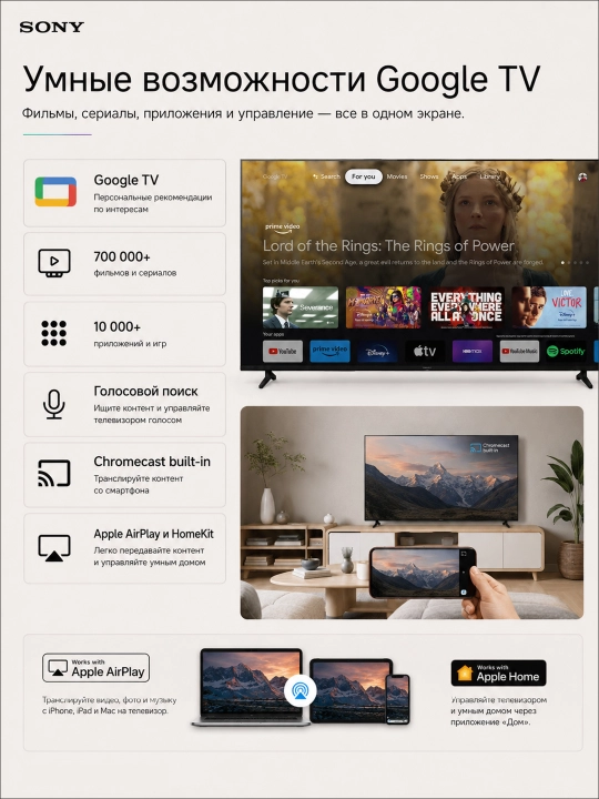 Умный телевизор Sony 55", 65", 75" LCD 4K 100 ГЦ, SmartTV, GoogleTV, Wi-Fi, Bluetooth