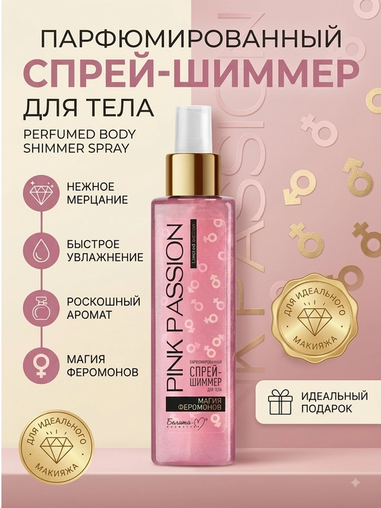 Парфюмированный спрей-шиммер для тела Pink Passion с феромонами и блестками, 200 мл - 