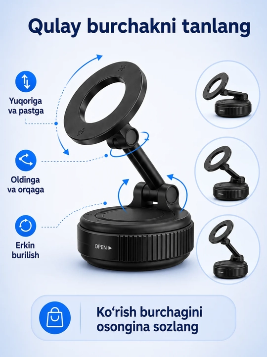 Telefon uchun magnitli vakuum tutqich, yig‘iladigan va burchagi sozlanadigan - 