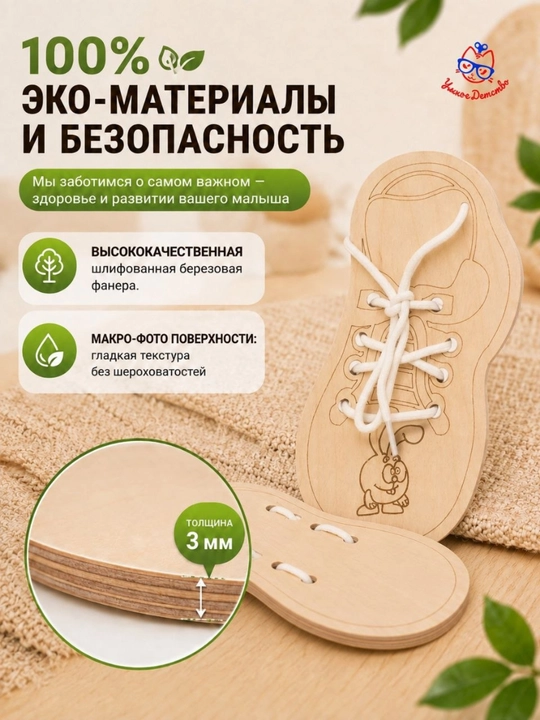 Деревянная игрушка шнуровка ботиночки для детей