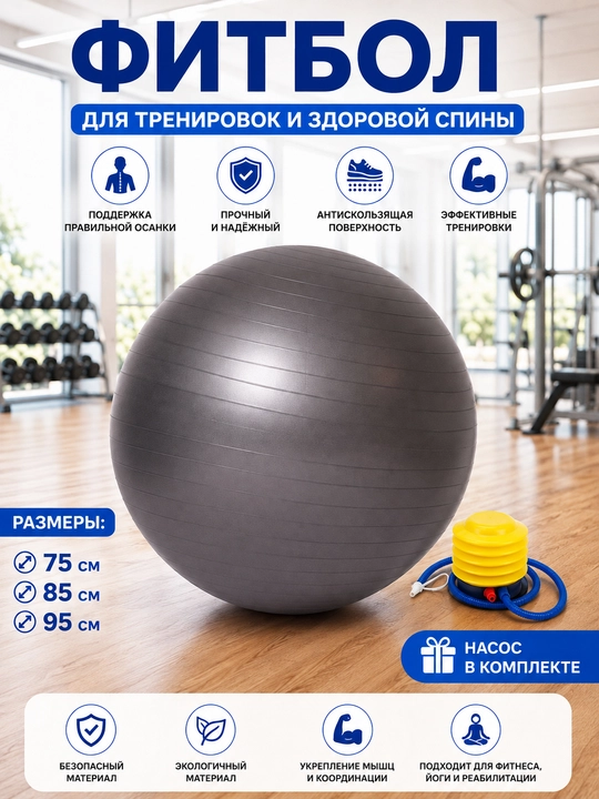 Fitnes, fitbol, yoga to‘pi, tikansiz, diametri 75, 85 sm, homiladorlar uchun, nasos bilan - 