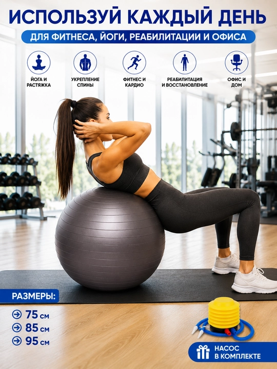 Fitnes, fitbol, yoga to‘pi, tikansiz, diametri 75, 85 sm, homiladorlar uchun, nasos bilan
