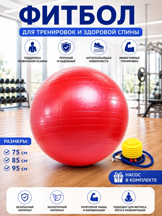 Fitnes, fitbol, yoga to‘pi, tikansiz, diametri 75, 85 sm, homiladorlar uchun, nasos bilan - 