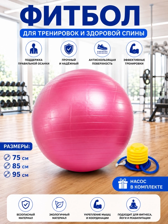 Fitnes, fitbol, yoga to‘pi, tikansiz, diametri 75, 85 sm, homiladorlar uchun, nasos bilan - 