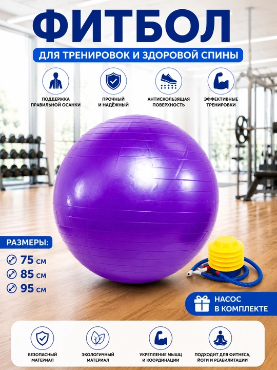 Fitnes, fitbol, yoga to‘pi, tikansiz, diametri 75, 85 sm, homiladorlar uchun, nasos bilan - 