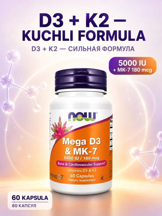 NOW FOODS, Mega D3 и K2, 5000 МЕ / 180 мкг, в капсулах