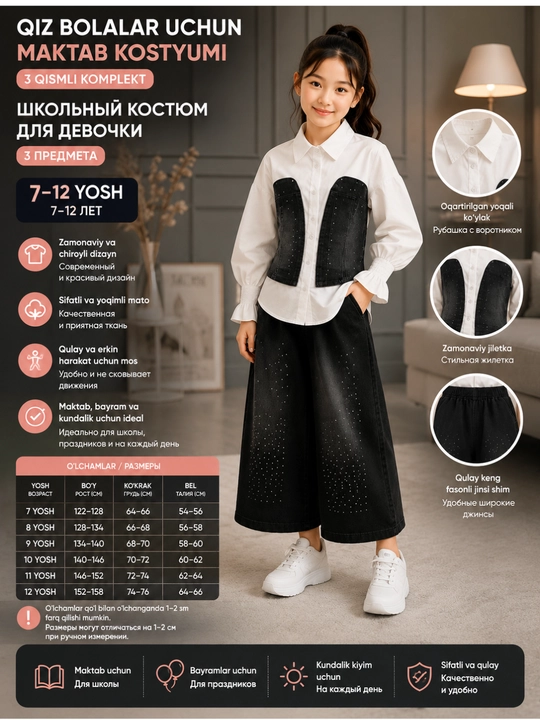 Qiz bolalar uchun 2 qismli zamonaviy komplekt ko‘ylak keng fasonli jinsi shim, 7–12 yosh - 