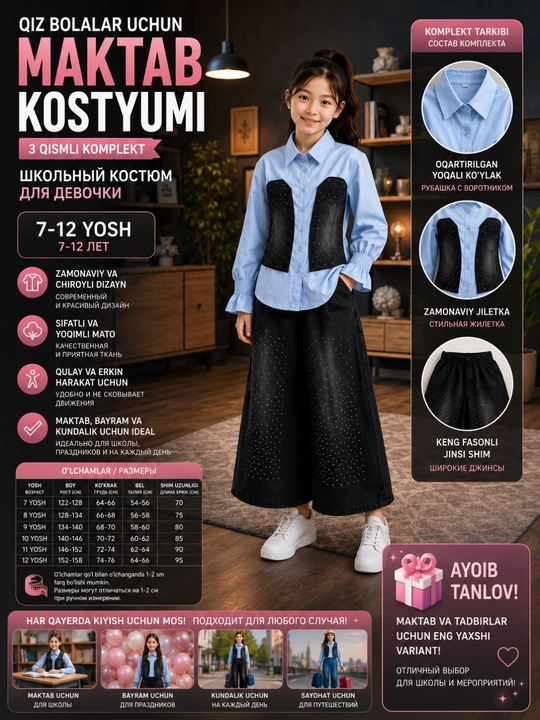 Qiz bolalar uchun 2 qismli zamonaviy komplekt ko‘ylak keng fasonli jinsi shim, 7–12 yosh - 