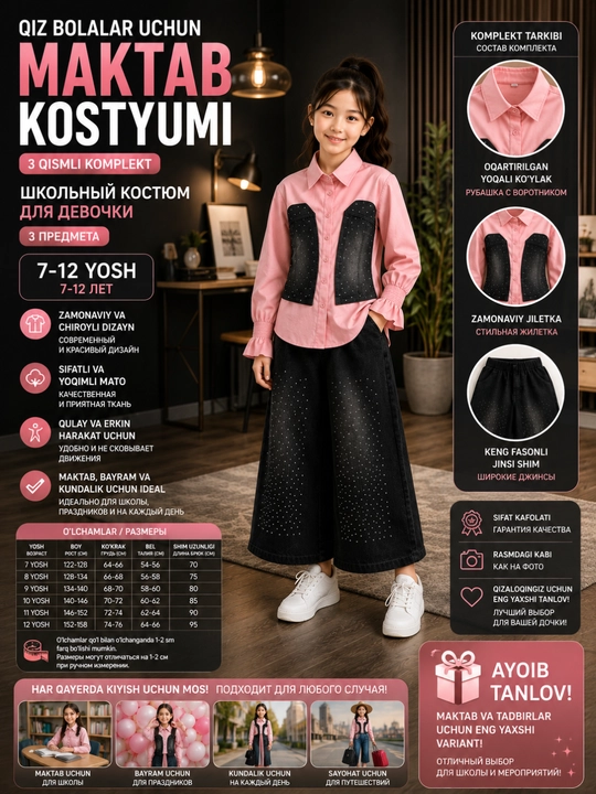 Qiz bolalar uchun 2 qismli zamonaviy komplekt ko‘ylak keng fasonli jinsi shim, 7–12 yosh - 