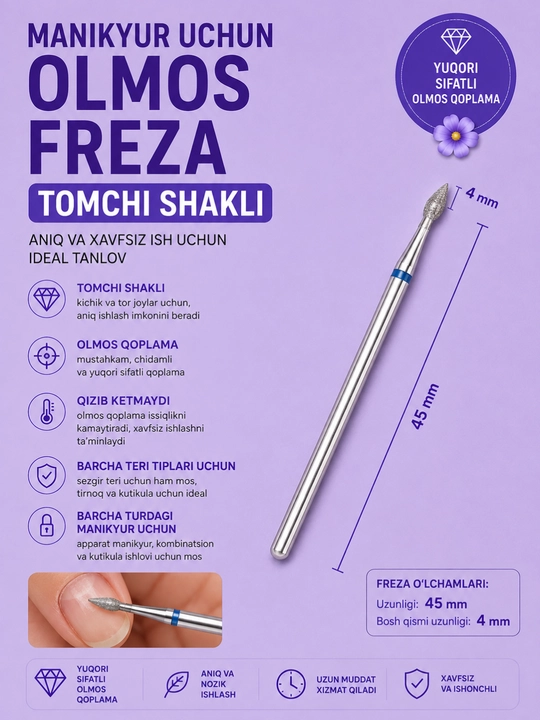 Manikyur uchun tomchi shaklidagi olmos freza - 
