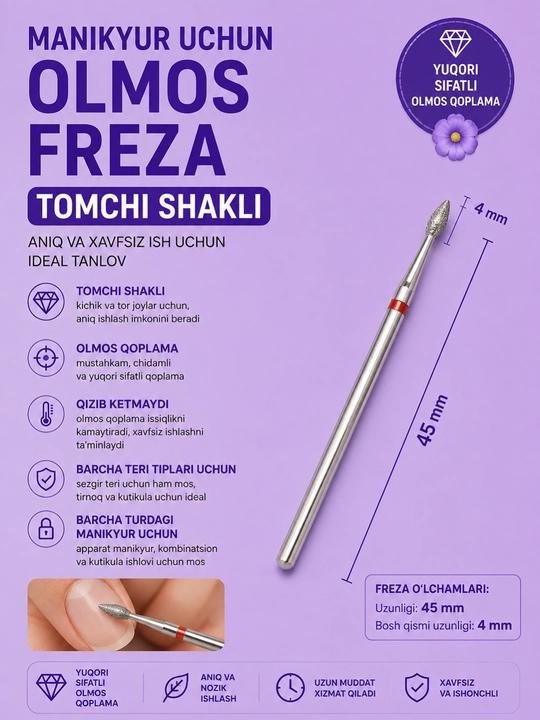 Manikyur uchun tomchi shaklidagi olmos freza - 