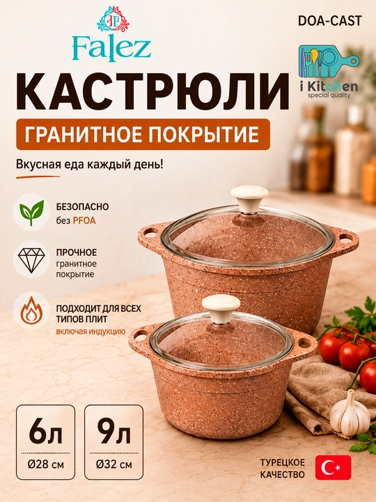Кастрюля Falez, с гранитным покрытием и стеклянной крышкой, 6 л, 9 л - 