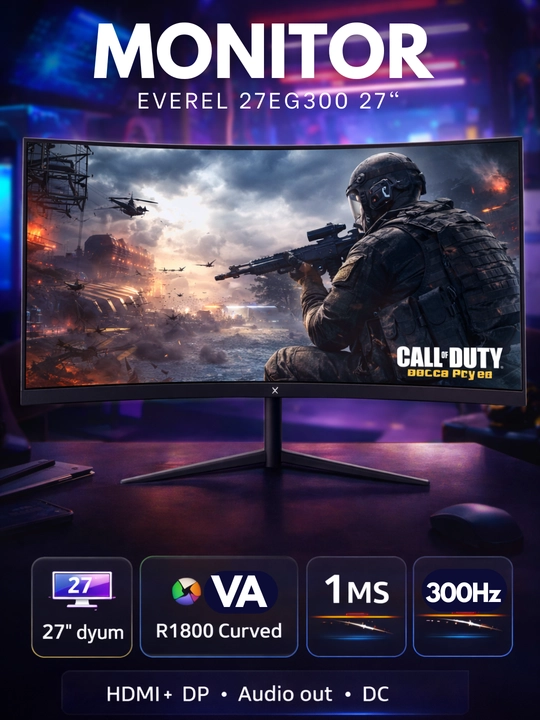 Игровой монитор EVEREL 27EG300,27 дюймов,изогнутый, VA-панель,300Гц, (HDMI+Audio+DC), 1 мс - 