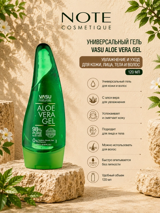 Универсальный гель Vasu Aloe Vera Gel, 120 мл, для увлажнения кожи, лица, тела и волос - 