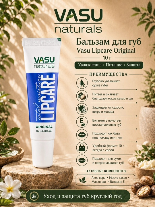 Vasu Lipcare 10 g lab balzami — namlantirish, oziqlantirish, quruqlikdan himoya - 