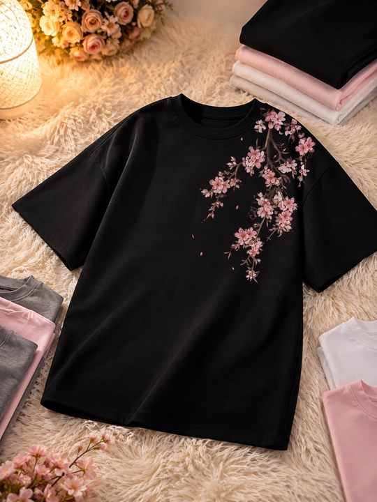 Oversize futbolka, sakura printli, unisex, yapon uslubi, katana, erkaklar ayollar kiyimi