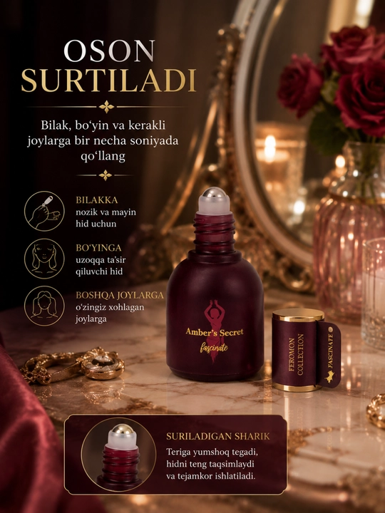 Ayollar uchun mini atir Anber’s Secret, yoqimli va nafis hid - 