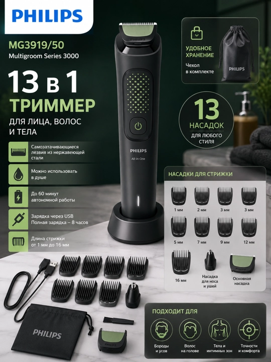 Nomi: Philips MG3919/50 Multigroom Series 3000, 13 tasi 1 da ko‘p funksiyali trimmer - 