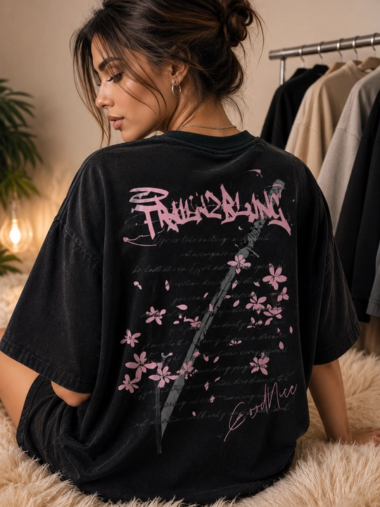 Oversize futbolka, sakura printli, unisex, yapon uslubi, katana, erkaklar ayollar kiyimi