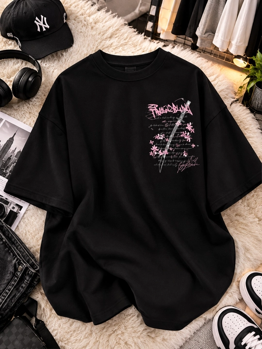 Oversize futbolka, sakura printli, unisex, yapon uslubi, katana, erkaklar ayollar kiyimi