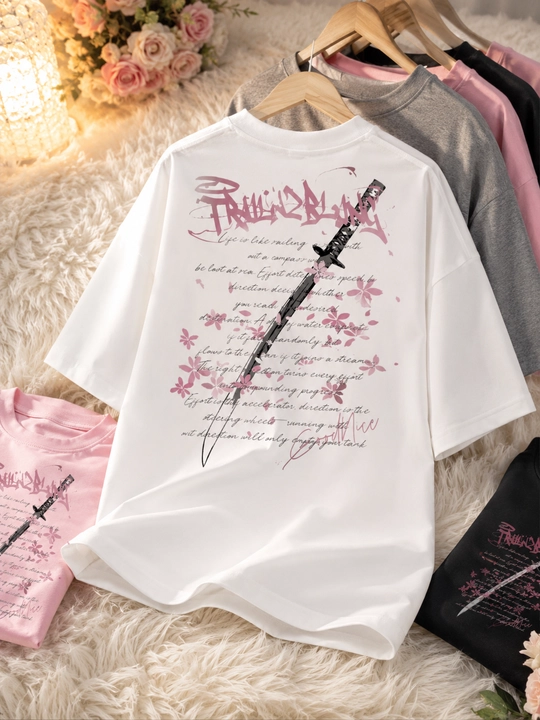 Oversize futbolka, sakura printli, unisex, yapon uslubi, katana, erkaklar ayollar kiyimi