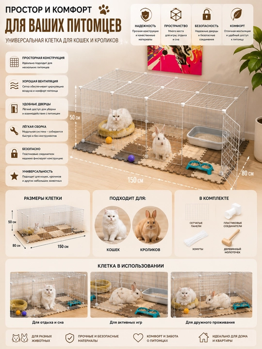 Mushuklar, quyonlar va boshqa uy hayvonlari uchun universal modulli qafas — 150×80×50 sm - 