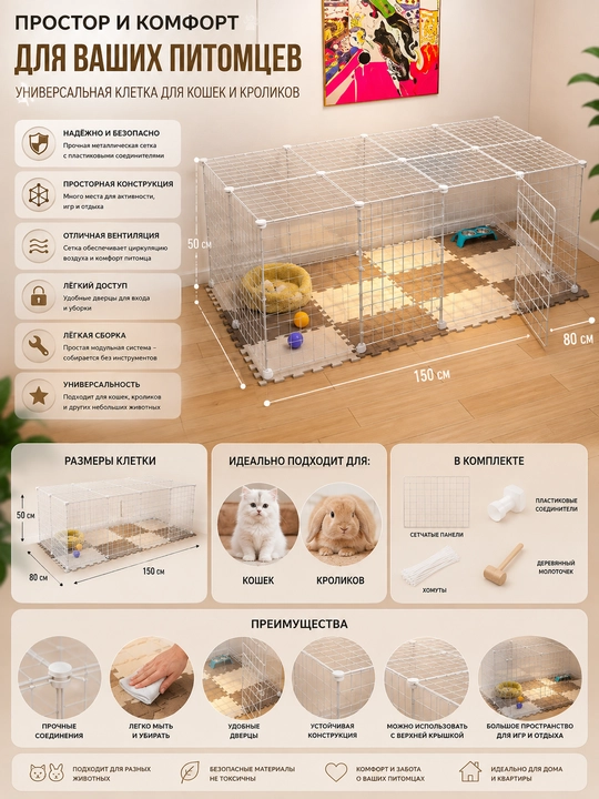 Mushuklar, quyonlar va boshqa uy hayvonlari uchun universal modulli qafas — 150×80×50 sm