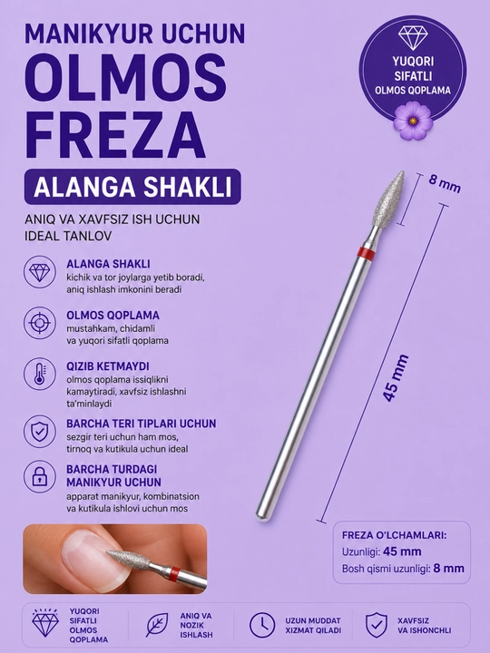 Manikyur uchun olov shaklidagi olmos freza - 