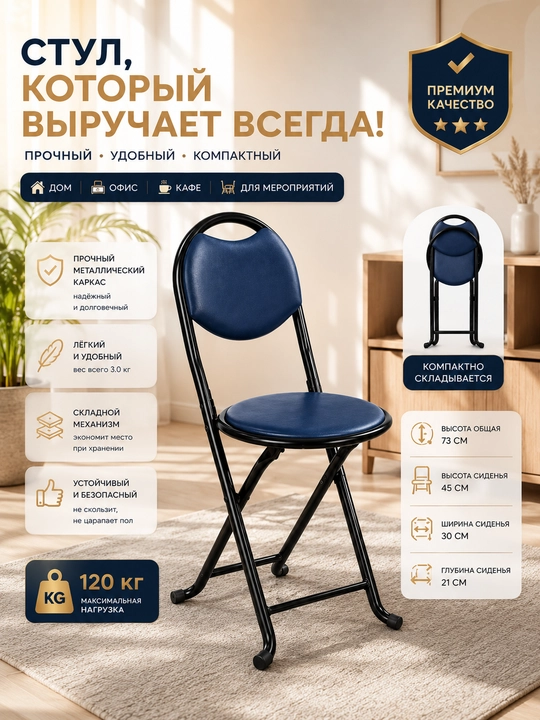 Складной стул, металлический каркас, мягкое сиденье - 