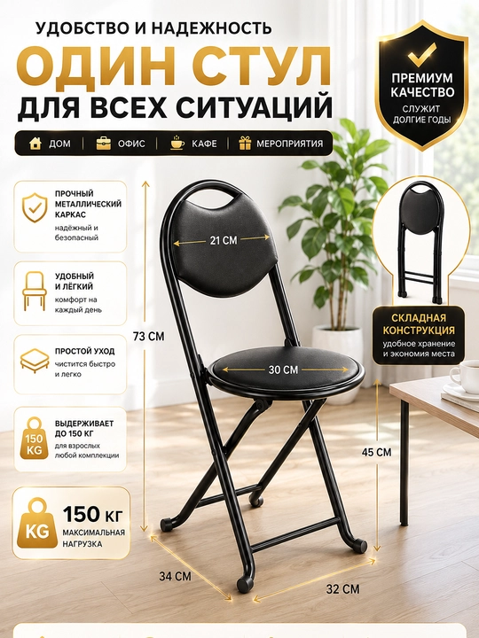 Складной стул, металлический каркас, мягкое сиденье - 