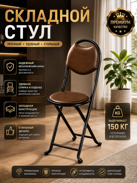 Складной стул, металлический каркас, мягкое сиденье - 