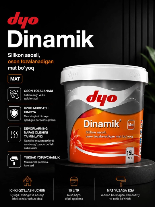 Dyo Dinamik devorlar uchun silikon yuviladigan xira bo‘yoq