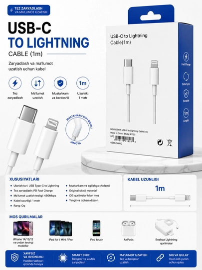 Quvvatlash va ma’lumot uzatish uchun 1 metrlik USB-C to Lightning kabeli - 