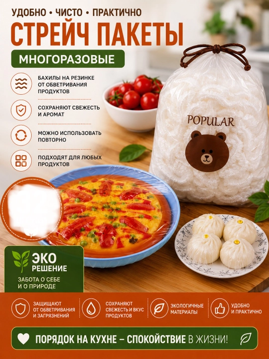 Idishlarni saqlash uchun elastik paket; 100, 200 dona; 52 sm gacha bo‘lgan o‘lcham