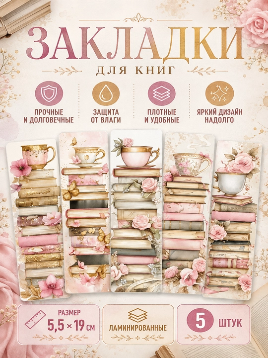 Закладки для книг Bookmark, набор 5 штук, 5.5×19см, ламинированные букмарки для книг