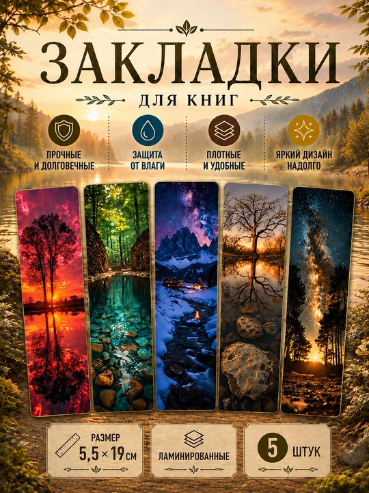 Закладки для книг Bookmark, набор 5 штук, 5.5×19см, ламинированные букмарки для книг