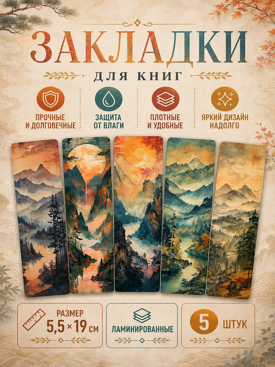 Bookmark kitoblar uchun zakladkalar, xatcho'plar 5 dona, 5.5×19sm, laminatsiyalangan - 