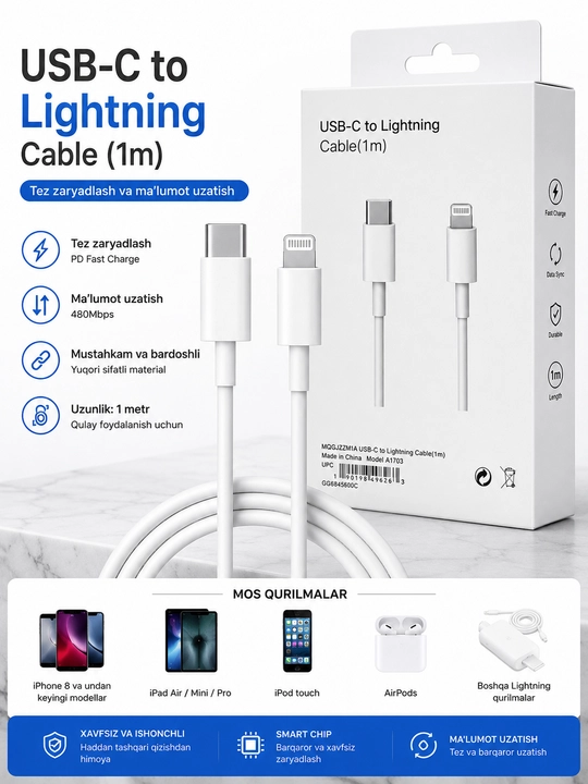 USB-C to Lightning kabel, 1 m, tez zaryadlash va ma’lumot uzatish uchun