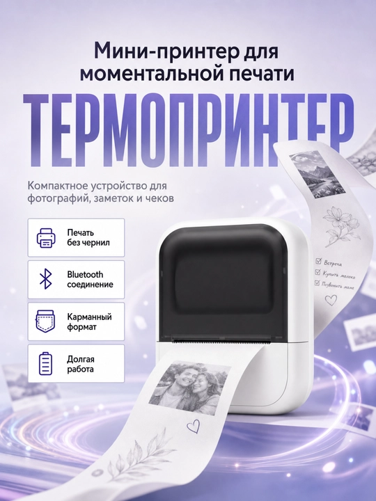 Портативный мини термопринтер Bluetooth, для этикеток, наклеек, заметок и фото - 